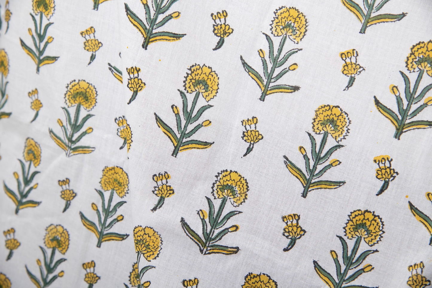 1 yard-yellow marigold small flower motifs on off-white hand block printed cotton fabric-dress fabric/quilting/decor/hair accessories fabric