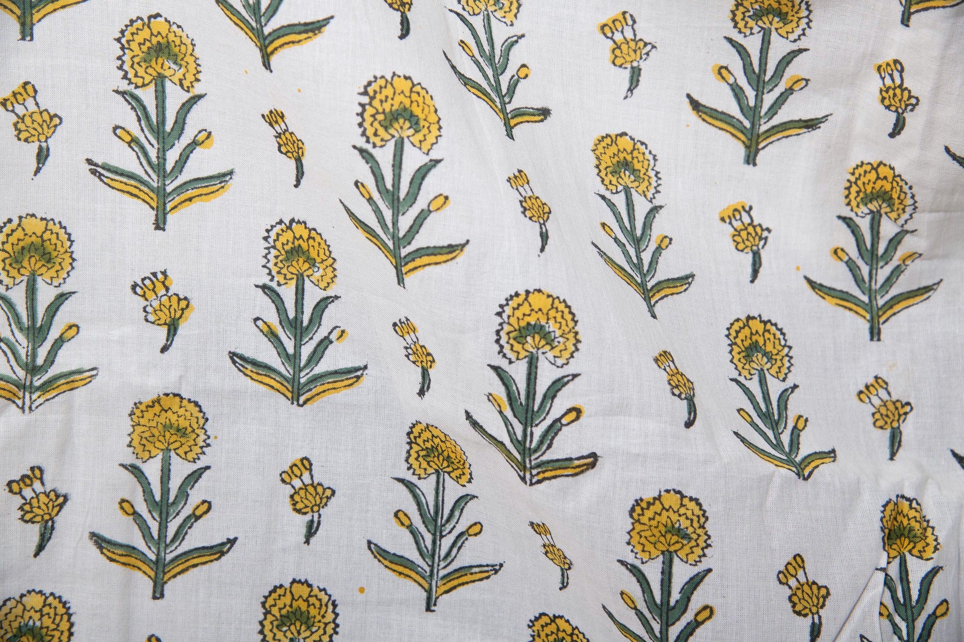 1 yard-yellow marigold small flower motifs on off-white hand block printed cotton fabric-dress fabric/quilting/decor/hair accessories fabric