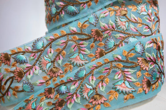 1 yard-Aqua blue floral-orange pink thread embroidery ribbon on mesh fabric-green leaf rose floral trim for bow making, edging-dress making