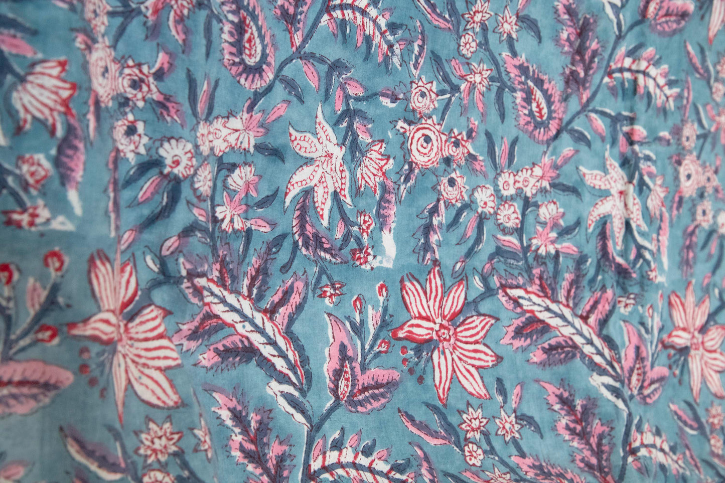 1 yard-Teal blue with pink and red floral vines hand block printed cotton fabric-dress fabric/quilting/decor/hair accessories fabric