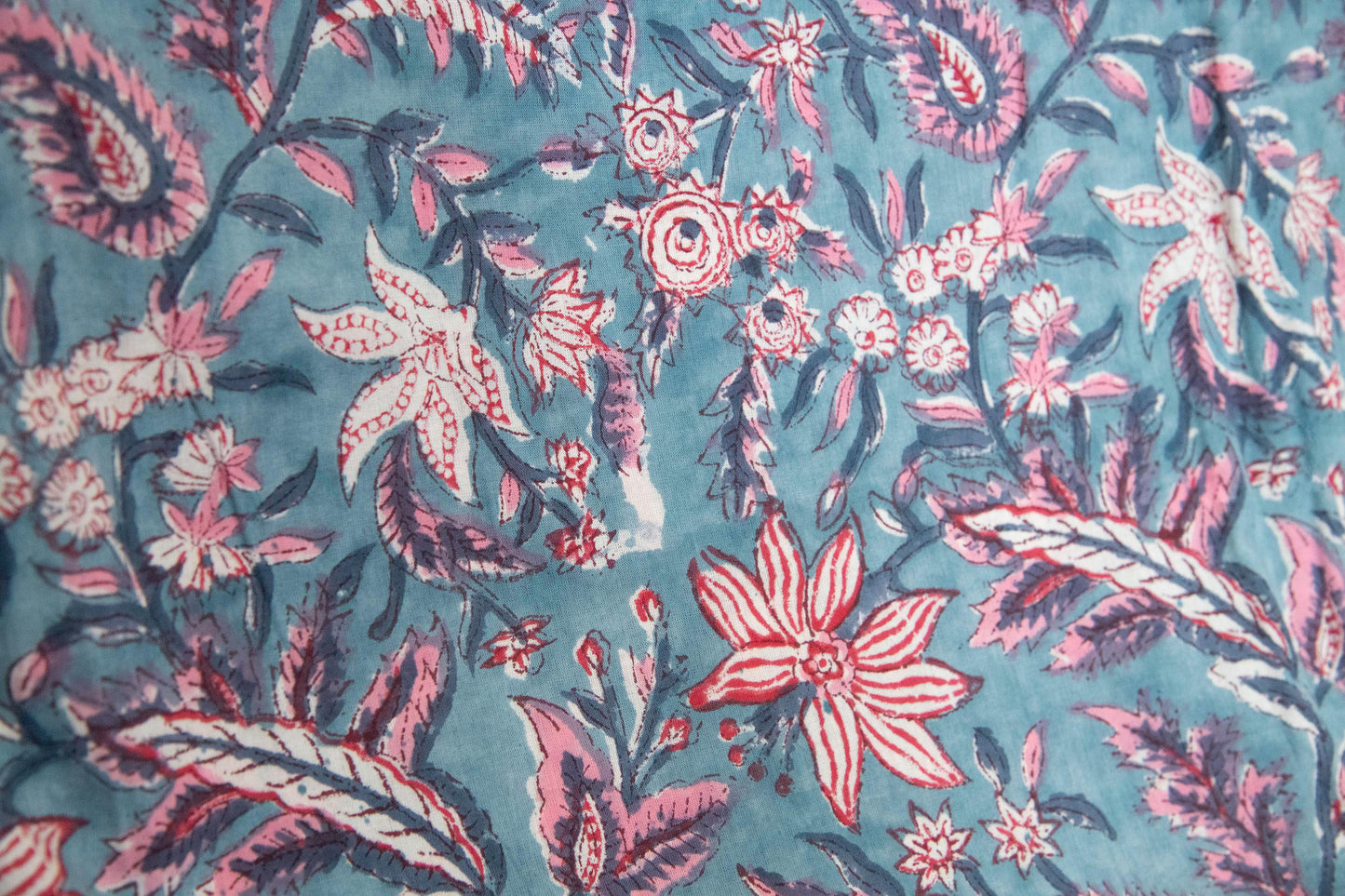 1 yard-Teal blue with pink and red floral vines hand block printed cotton fabric-dress fabric/quilting/decor/hair accessories fabric