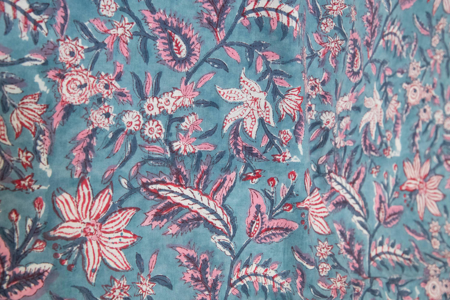 1 yard-Teal blue with pink and red floral vines hand block printed cotton fabric-dress fabric/quilting/decor/hair accessories fabric