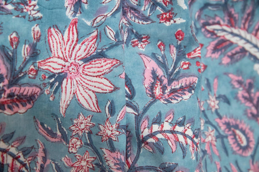 1 yard-Teal blue with pink and red floral vines hand block printed cotton fabric-dress fabric/quilting/decor/hair accessories fabric