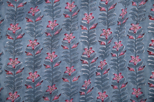 1 yard-Denim blue with pink flower stem vines hand block printed cotton fabric-dress fabric/quilting/decor/hair accessories fabric