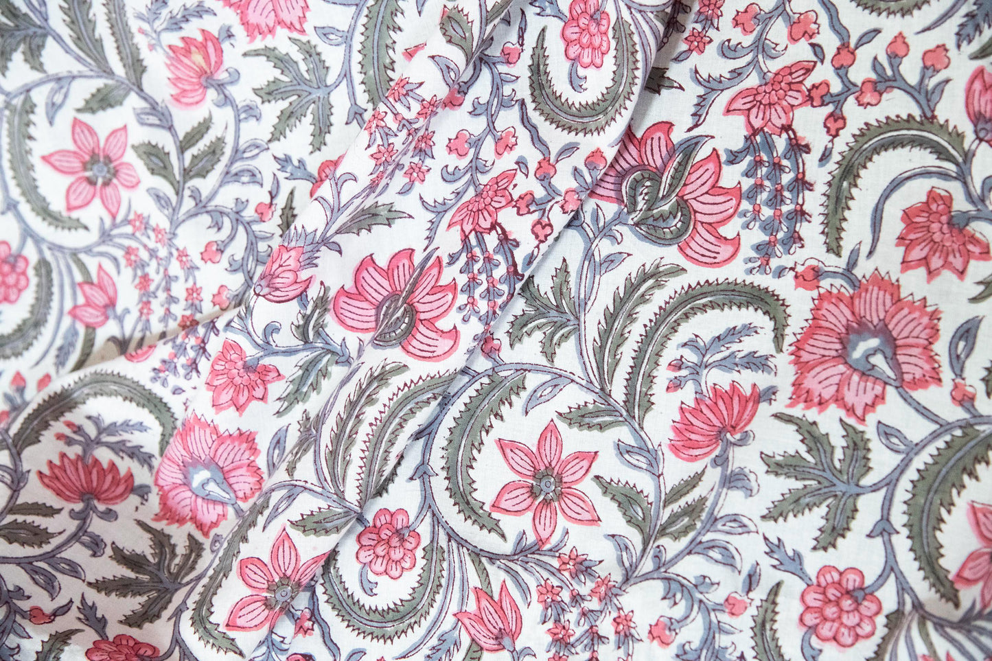 1 yard-Pink red floral vines with grey leaves hand block printed cotton fabric-dress fabric/quilting/decor/hair accessories fabric