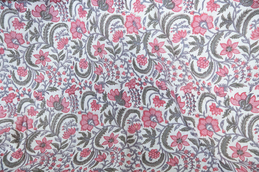 1 yard-Pink red floral vines with grey leaves hand block printed cotton fabric-dress fabric/quilting/decor/hair accessories fabric