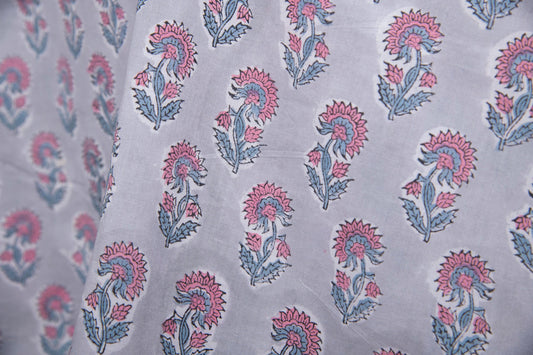 1 yard-Dove grey with peach floral motif hand block printed cotton fabric-dress fabric/quilting/decor/hair accessories fabric