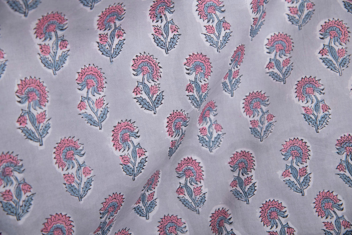 1 yard-Dove grey with peach floral motif hand block printed cotton fabric-dress fabric/quilting/decor/hair accessories fabric