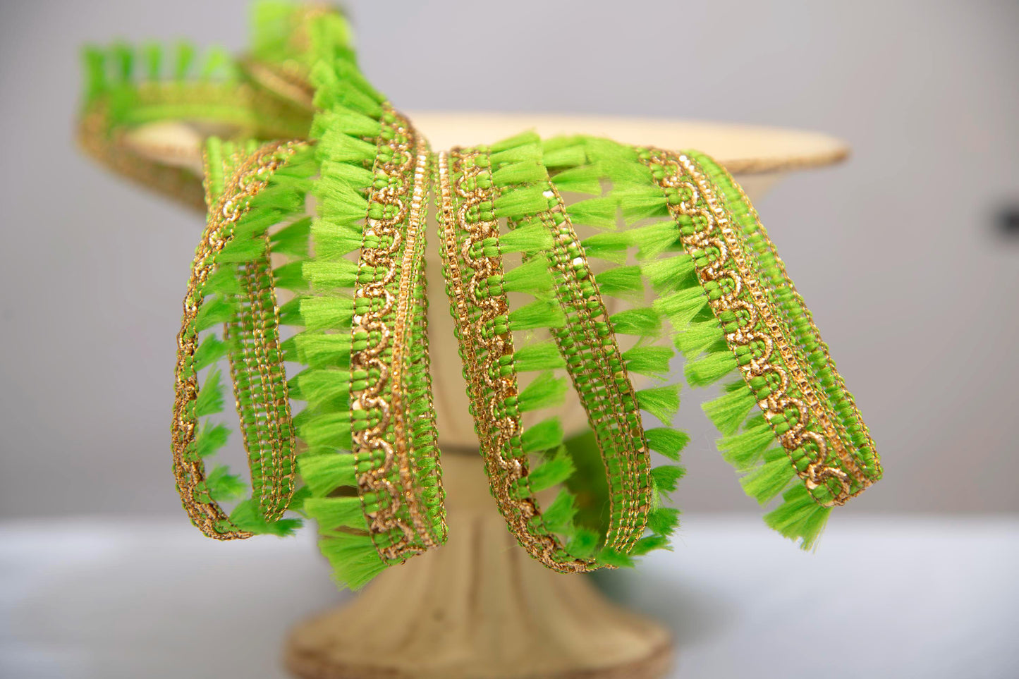 1 yard- Neon green tassel ribbon with metallic gold trim-woven Indian embroidery ribbon-boho ribbon-gift wrap decorative trim-wedding ribbon