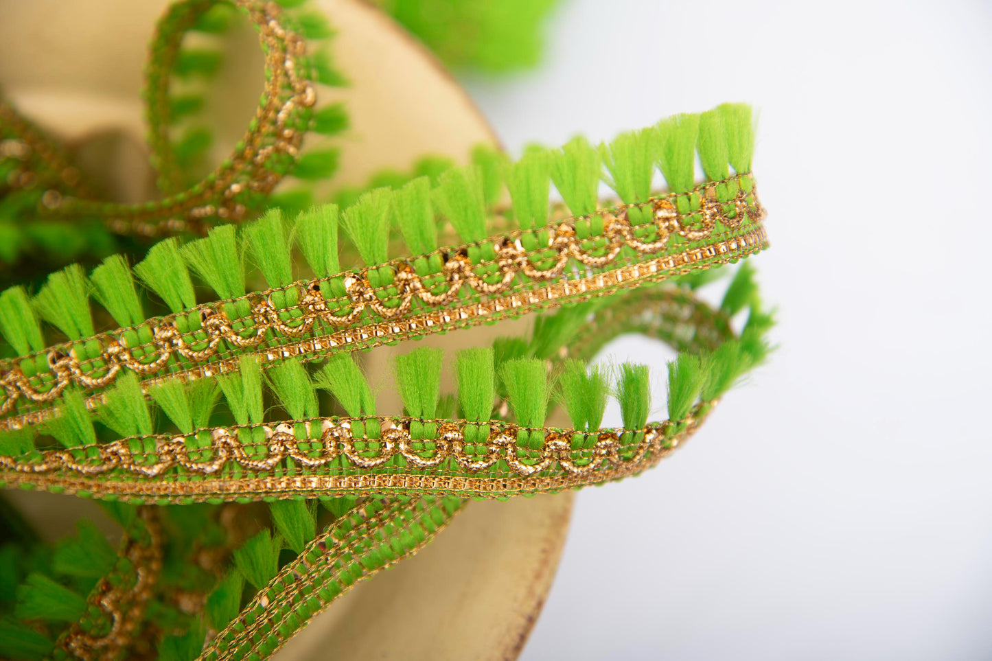 1 yard- Neon green tassel ribbon with metallic gold trim-woven Indian embroidery ribbon-boho ribbon-gift wrap decorative trim-wedding ribbon