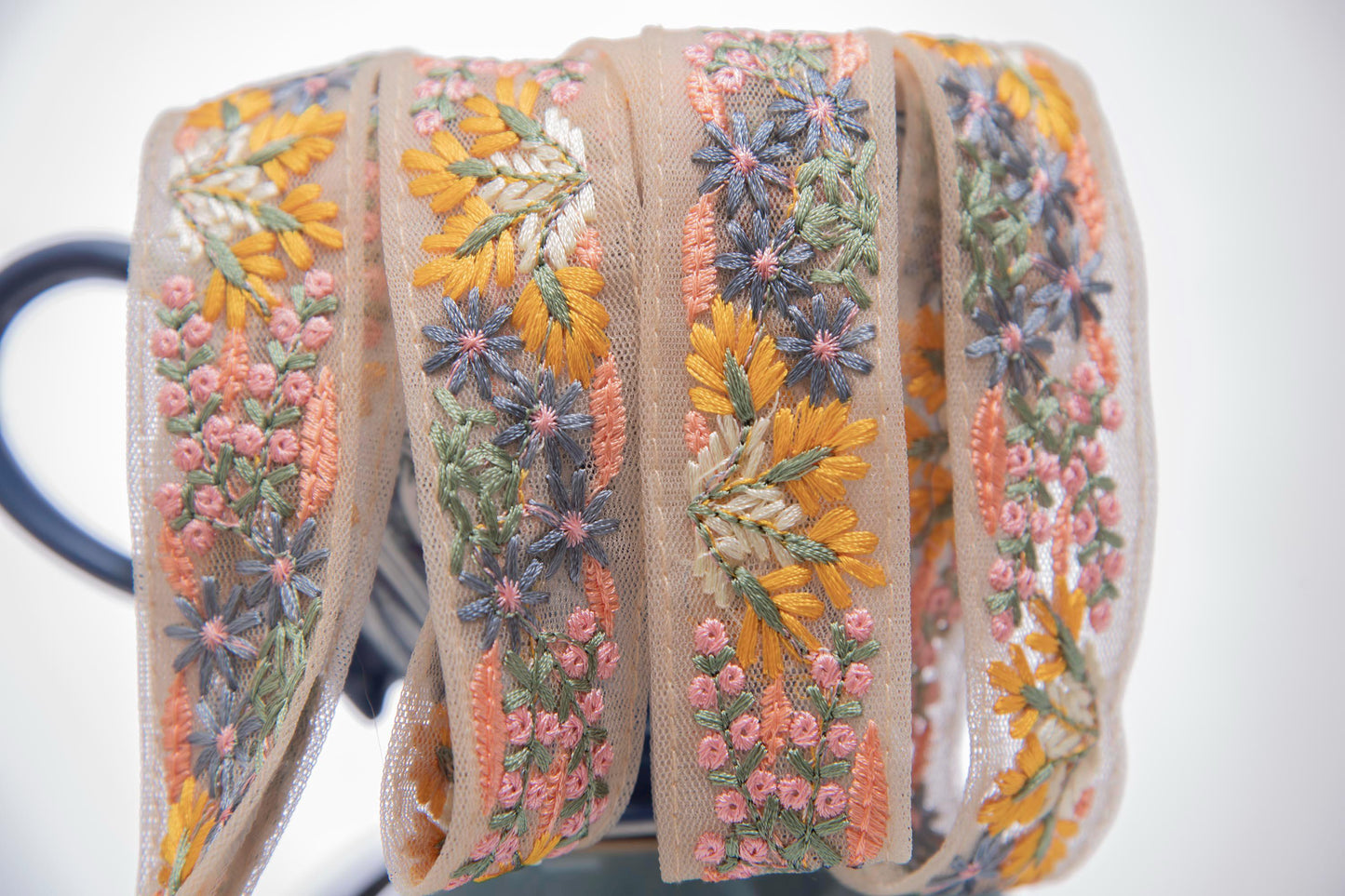 1 yard-Delicate yellow blue pink floral thread embroidery ribbon nude mesh fabric-ribbon bow making, bridal bouquet trim-dress making