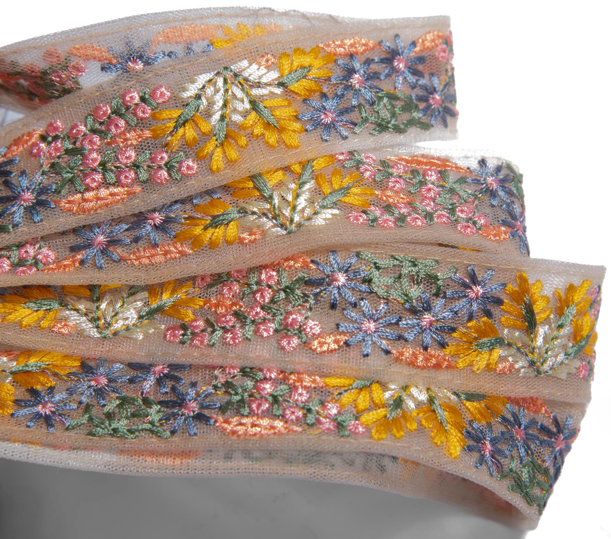 1 yard-Delicate yellow blue pink floral thread embroidery ribbon nude mesh fabric-ribbon bow making, bridal bouquet trim-dress making