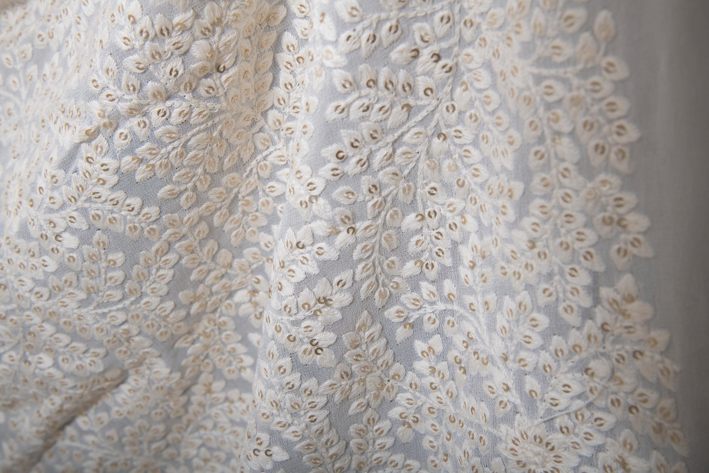 Half yard-Dyeable Off white embroidery fabric with intricate leaf vine details -sequin embroidery on flow fabric fabric-bridal fabric