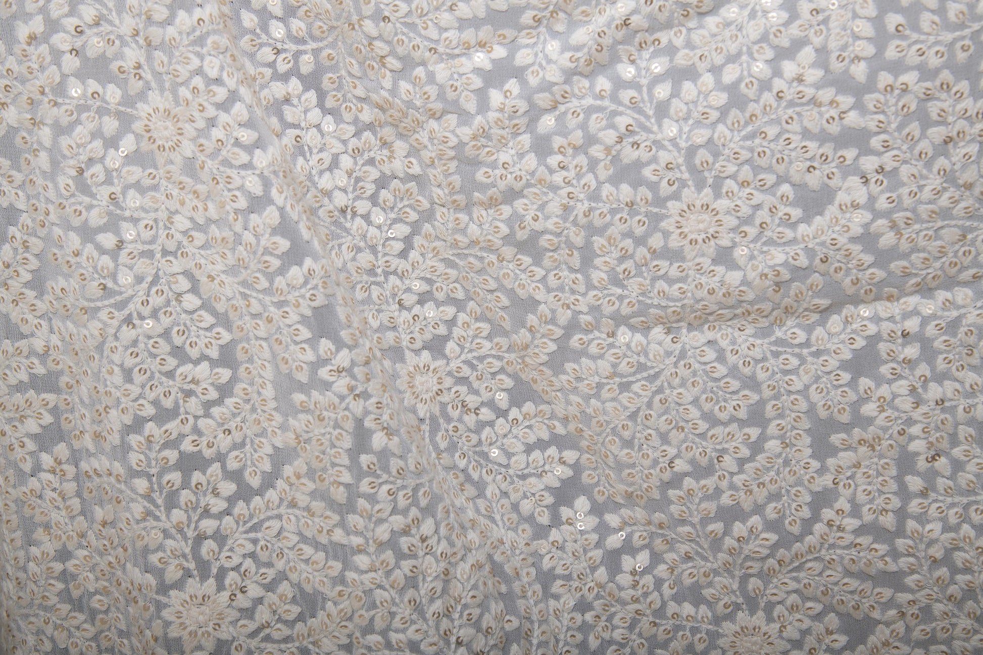 Half yard-Dyeable Off white embroidery fabric with intricate leaf vine details -sequin embroidery on flow fabric fabric-bridal fabric