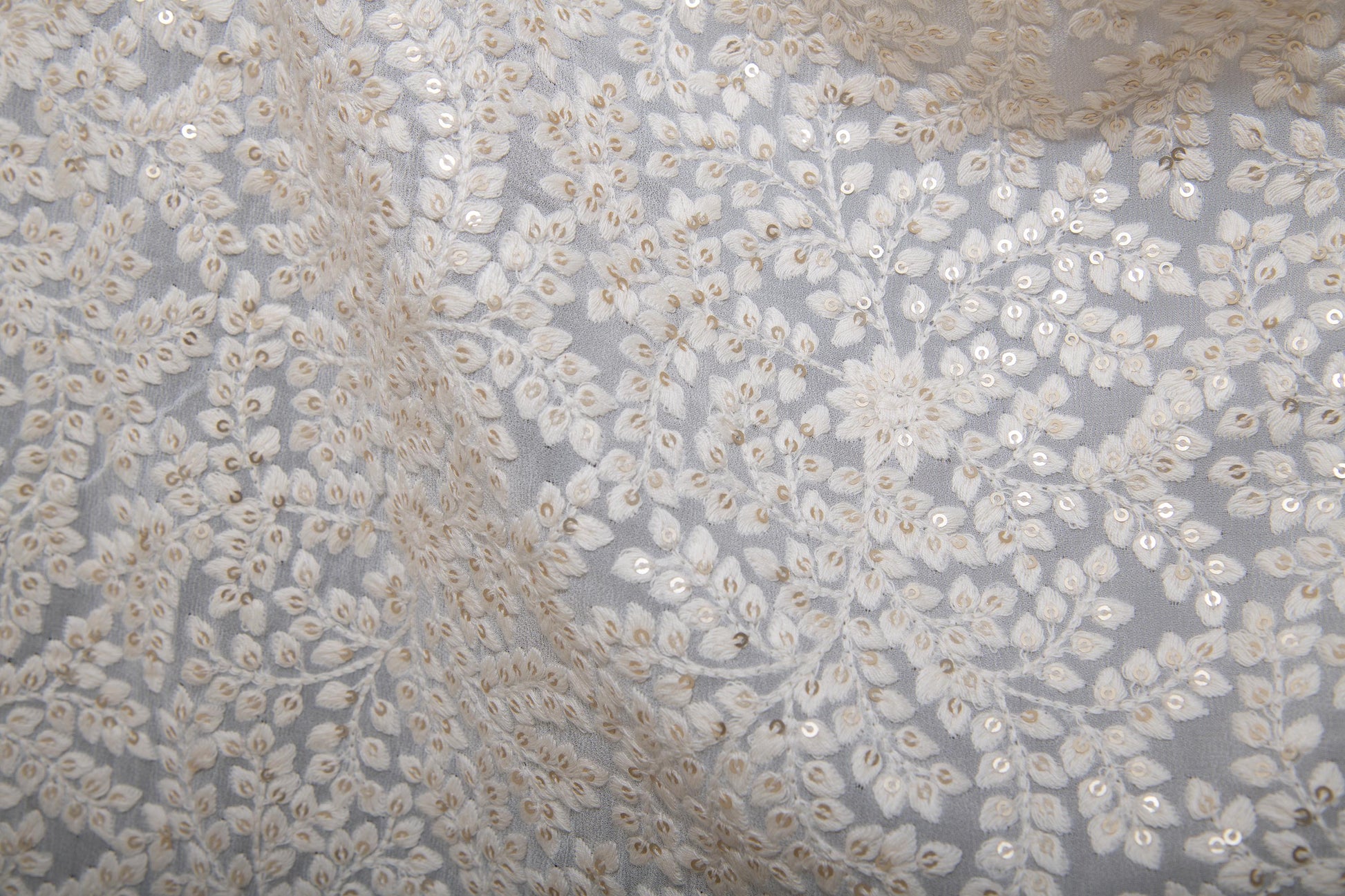 Half yard-Dyeable Off white embroidery fabric with intricate leaf vine details -sequin embroidery on flow fabric fabric-bridal fabric