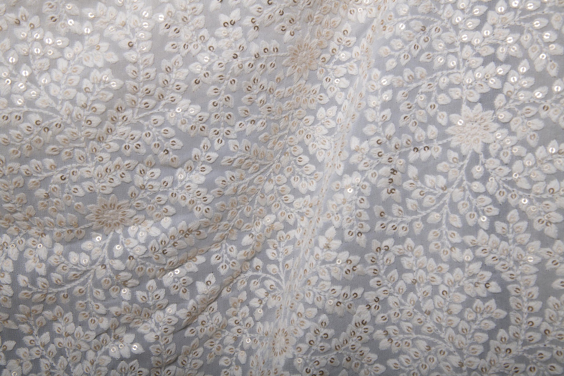 Half yard-Dyeable Off white embroidery fabric with intricate leaf vine details -sequin embroidery on flow fabric fabric-bridal fabric