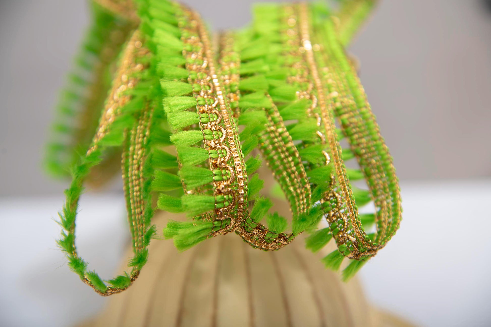 1 yard- Neon green tassel ribbon with metallic gold trim-woven Indian embroidery ribbon-boho ribbon-gift wrap decorative trim-wedding ribbon