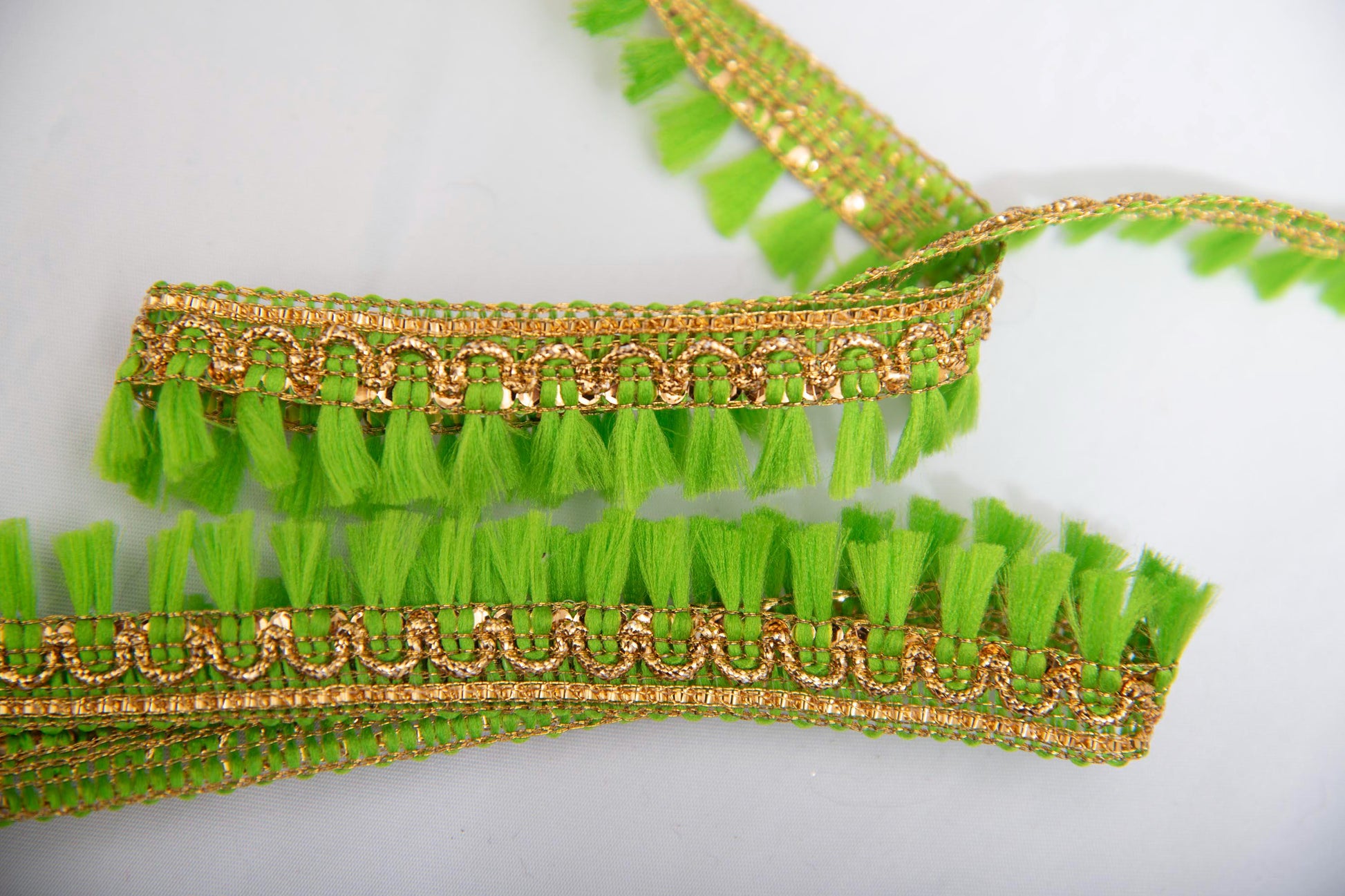 1 yard- Neon green tassel ribbon with metallic gold trim-woven Indian embroidery ribbon-boho ribbon-gift wrap decorative trim-wedding ribbon