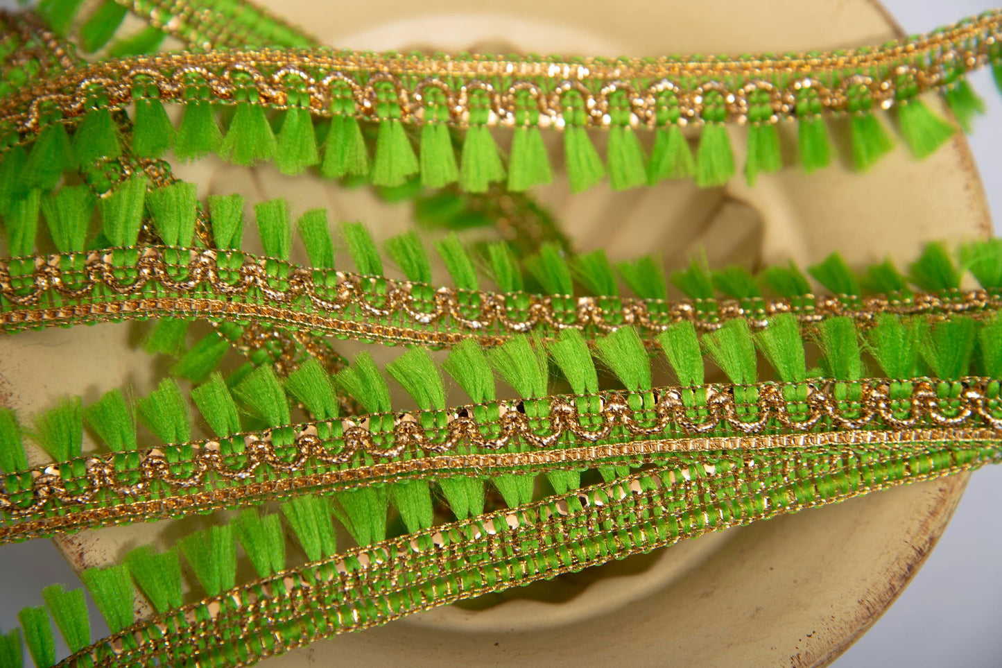 1 yard- Neon green tassel ribbon with metallic gold trim-woven Indian embroidery ribbon-boho ribbon-gift wrap decorative trim-wedding ribbon