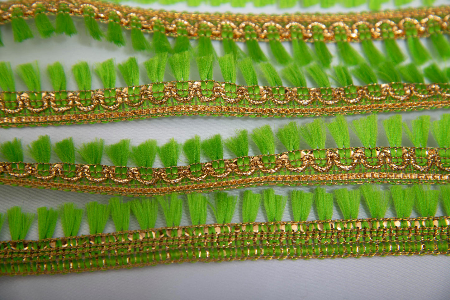 1 yard- Neon green tassel ribbon with metallic gold trim-woven Indian embroidery ribbon-boho ribbon-gift wrap decorative trim-wedding ribbon