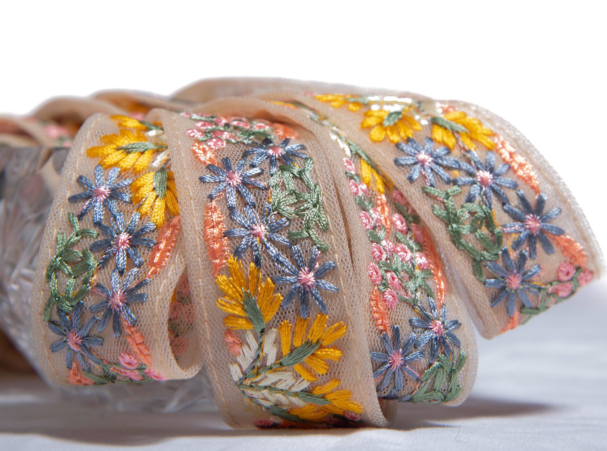 1 yard-Delicate yellow blue pink floral thread embroidery ribbon nude mesh fabric-ribbon bow making, bridal bouquet trim-dress making