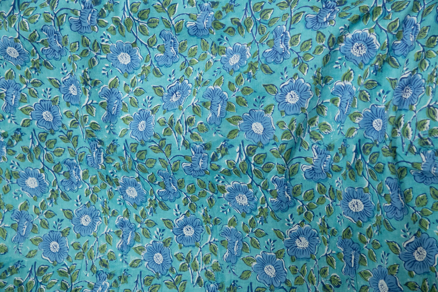 1 yard-Green leaves with purple blue floral vines hand block printed cotton fabric-dress fabric/quilting/decor/hair accessories fabric