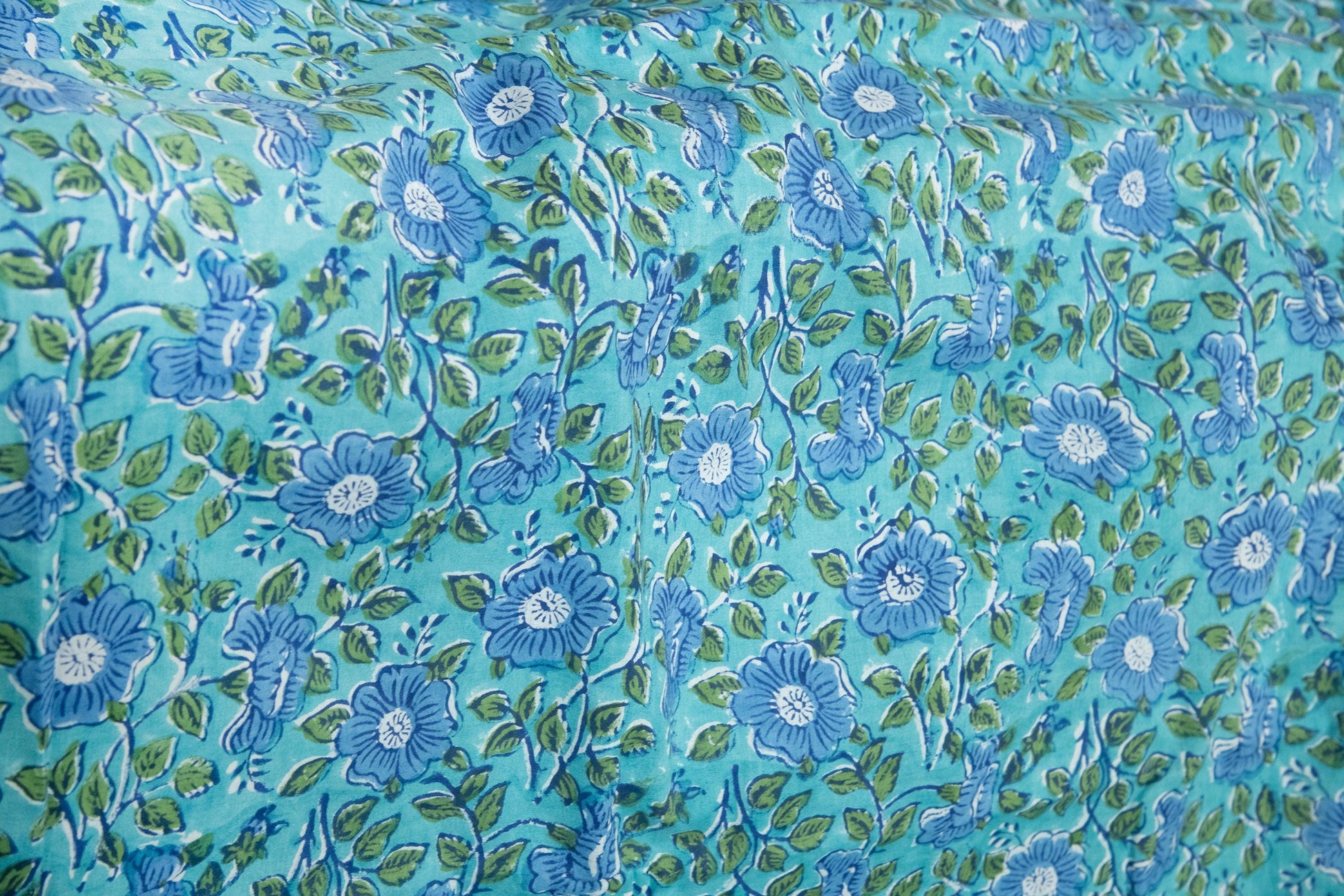 1 yard-Green leaves with purple blue floral vines hand block printed cotton fabric-dress fabric/quilting/decor/hair accessories fabric