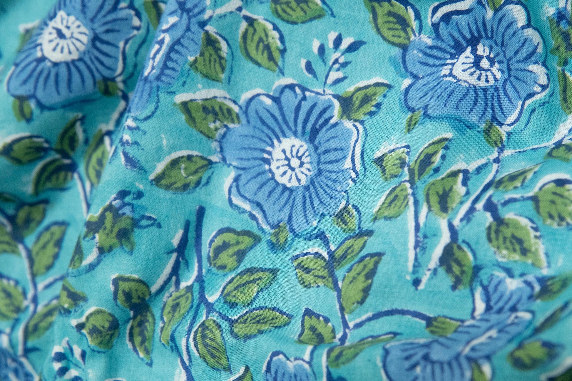 1 yard-Green leaves with purple blue floral vines hand block printed cotton fabric-dress fabric/quilting/decor/hair accessories fabric