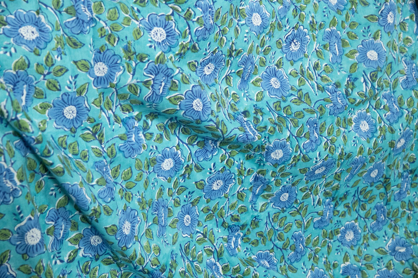 1 yard-Green leaves with purple blue floral vines hand block printed cotton fabric-dress fabric/quilting/decor/hair accessories fabric