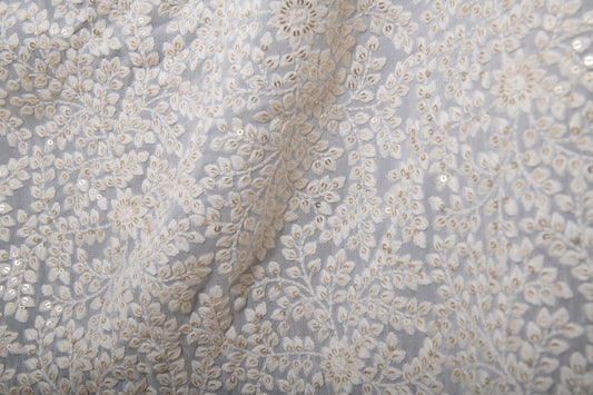 Half yard-Dyeable Off white embroidery fabric with intricate leaf vine details -sequin embroidery on flow fabric fabric-bridal fabric