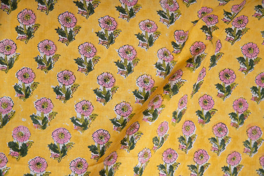 1 yard-Chrome yellow with pink floral motif hand block printed cotton fabric-dress fabric/quilting/decor/hair accessories fabric