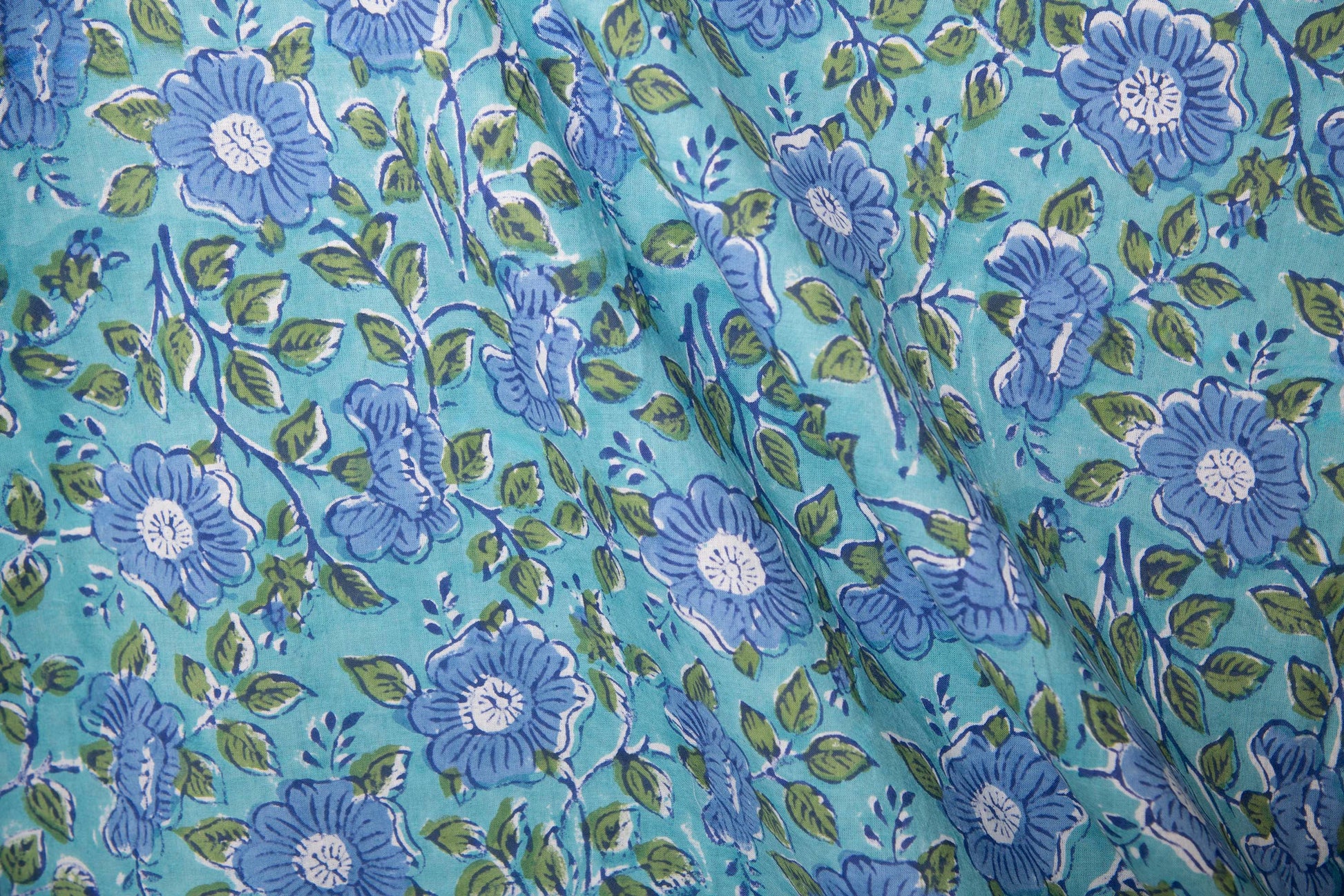 1 yard-Green leaves with purple blue floral vines hand block printed cotton fabric-dress fabric/quilting/decor/hair accessories fabric