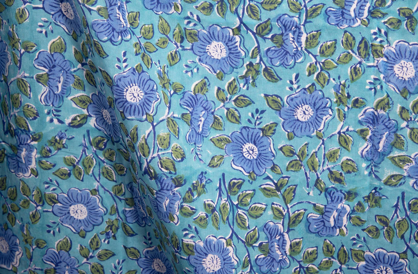 1 yard-Green leaves with purple blue floral vines hand block printed cotton fabric-dress fabric/quilting/decor/hair accessories fabric