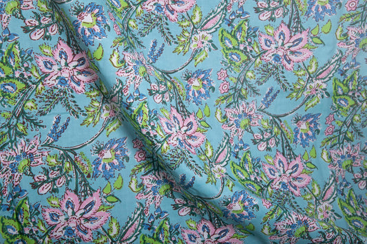 1 yard-Blue with pink pastel flower motifs green foliage printed cotton fabric by the yard--light blue base floral fabric-decor cotton