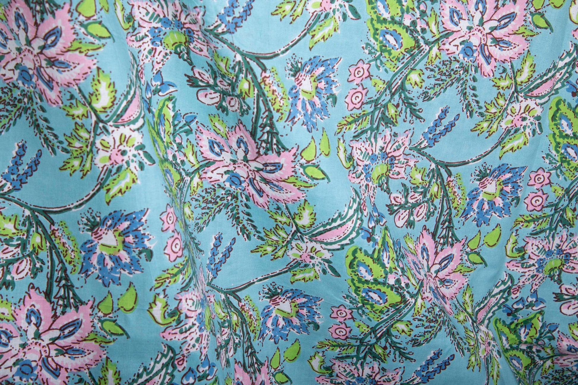 1 yard-Blue with pink pastel flower motifs green foliage printed cotton fabric by the yard--light blue base floral fabric-decor cotton