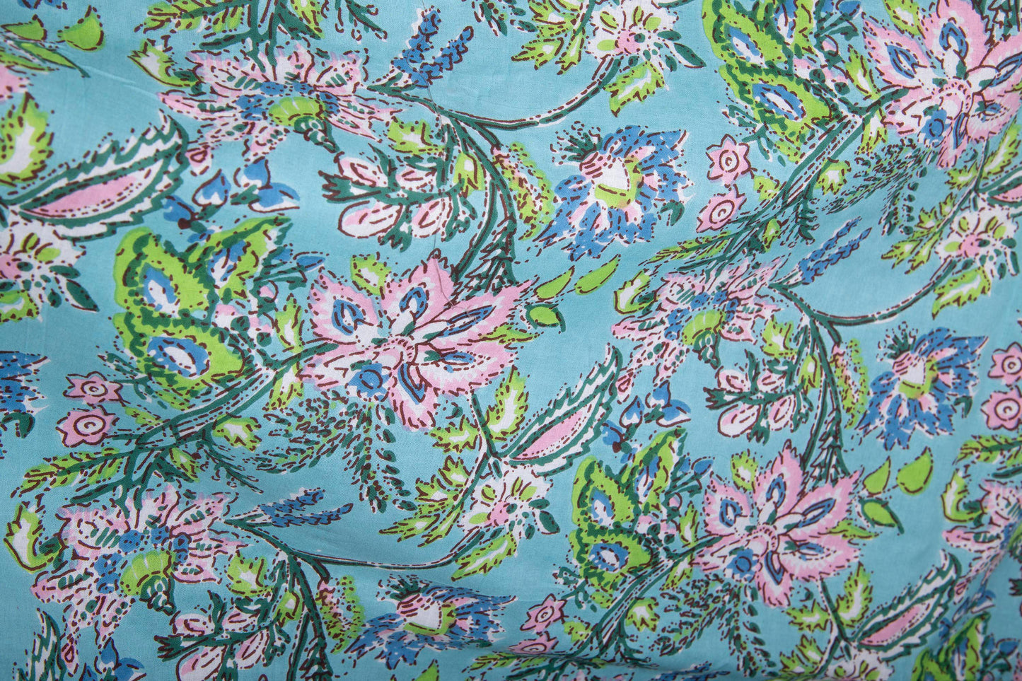 1 yard-Blue with pink pastel flower motifs green foliage printed cotton fabric by the yard--light blue base floral fabric-decor cotton