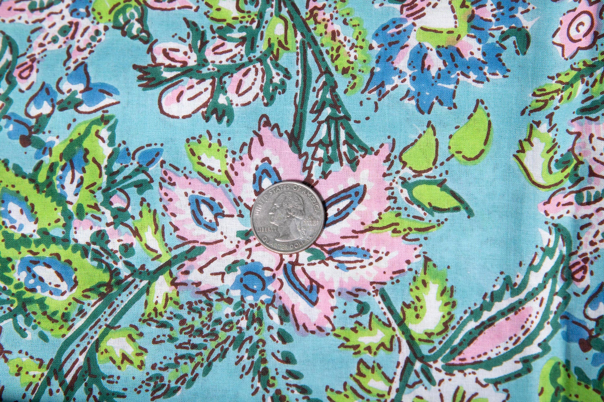 1 yard-Blue with pink pastel flower motifs green foliage printed cotton fabric by the yard--light blue base floral fabric-decor cotton