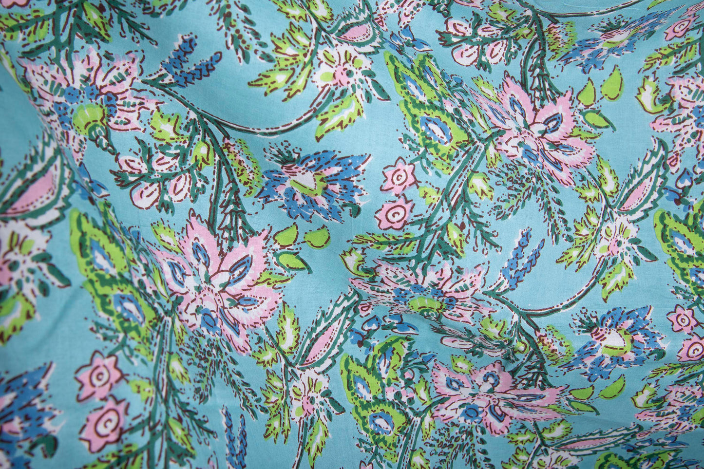 1 yard-Blue with pink pastel flower motifs green foliage printed cotton fabric by the yard--light blue base floral fabric-decor cotton