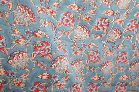 1 yard-Teal blue with red and beige floral hand block printed cotton fabric-dress fabric/quilting/diy home decor/hair accessories fabric