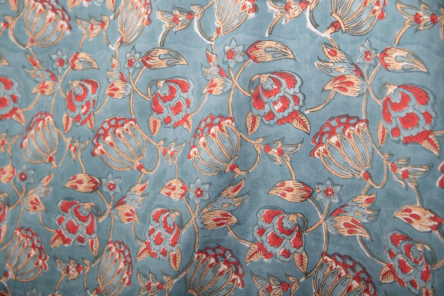 1 yard-Teal blue with red and beige floral hand block printed cotton fabric-dress fabric/quilting/diy home decor/hair accessories fabric