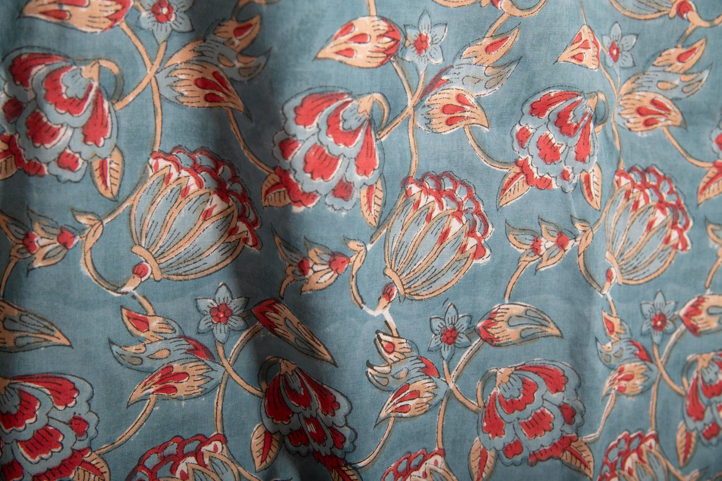 1 yard-Teal blue with red and beige floral hand block printed cotton fabric-dress fabric/quilting/diy home decor/hair accessories fabric