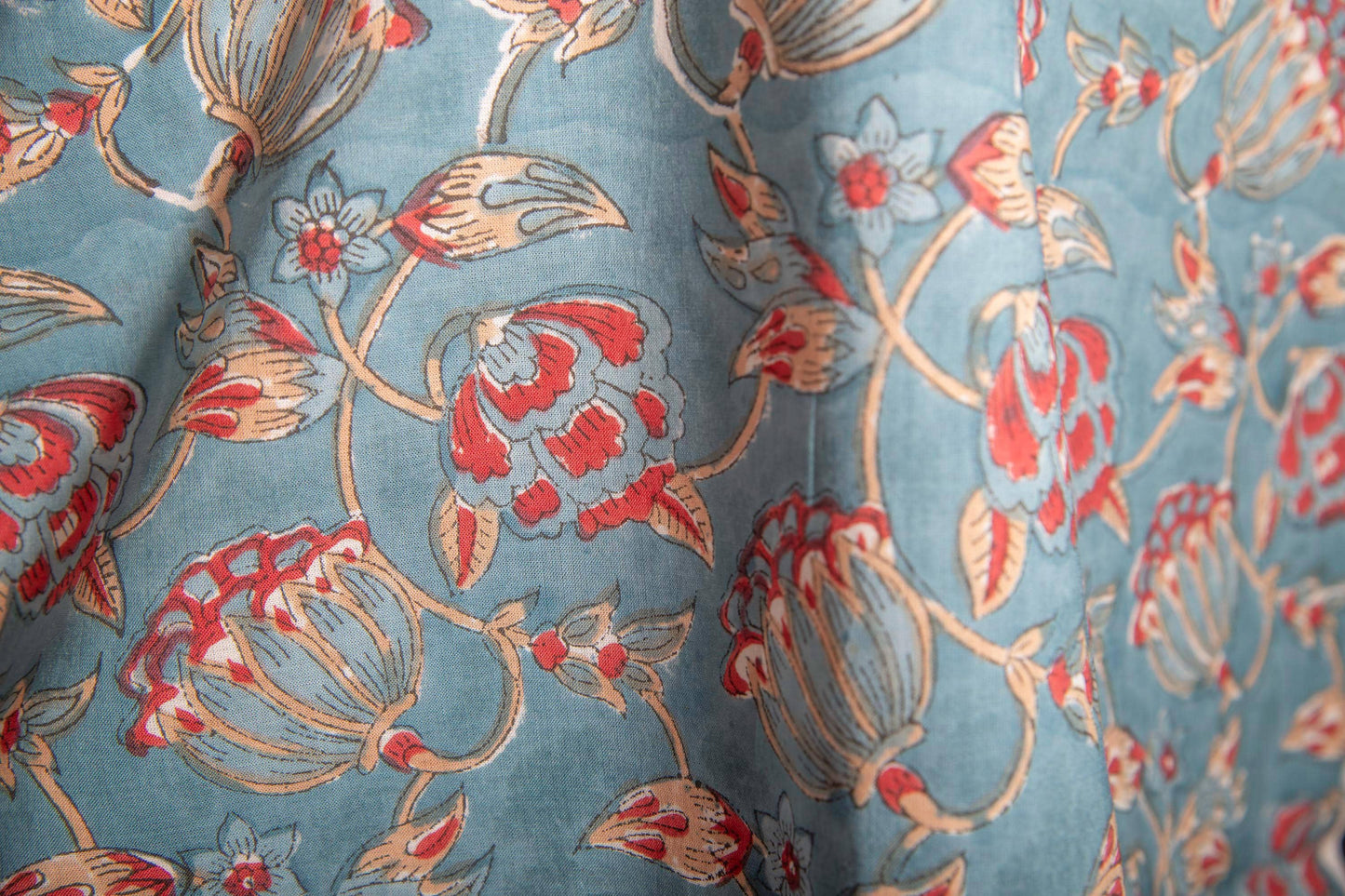 1 yard-Teal blue with red and beige floral hand block printed cotton fabric-dress fabric/quilting/diy home decor/hair accessories fabric