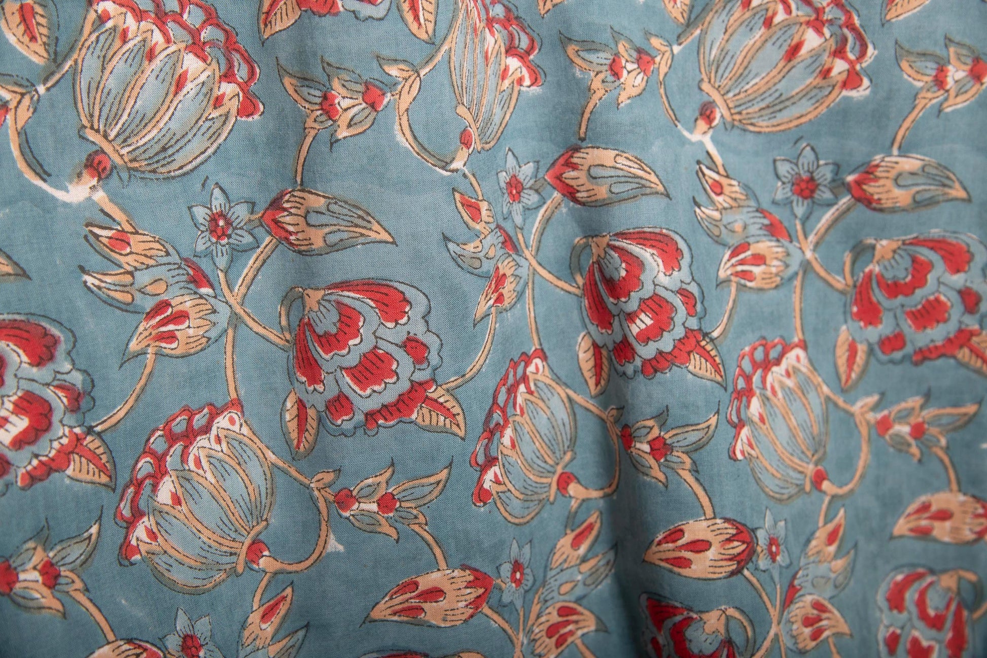 1 yard-Teal blue with red and beige floral hand block printed cotton fabric-dress fabric/quilting/diy home decor/hair accessories fabric