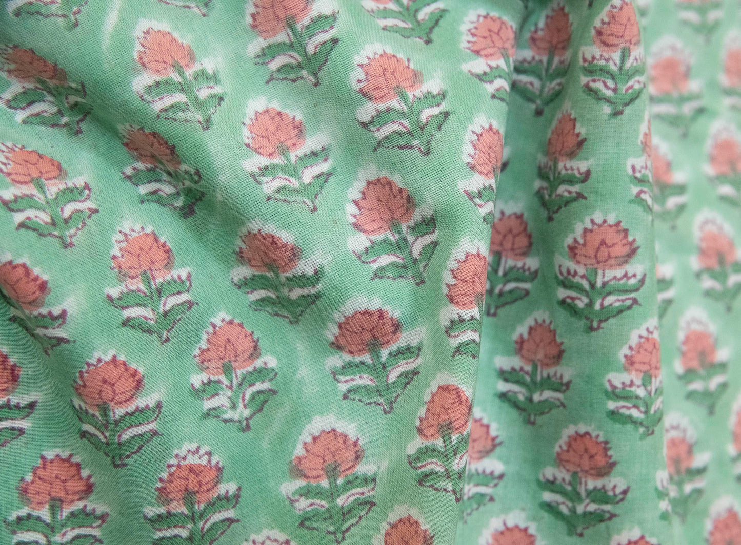 1 yard-Mint green with pink ditsy floral hand block printed cotton fabric-dress fabric/quilting/diy home decor/hair accessories fabric