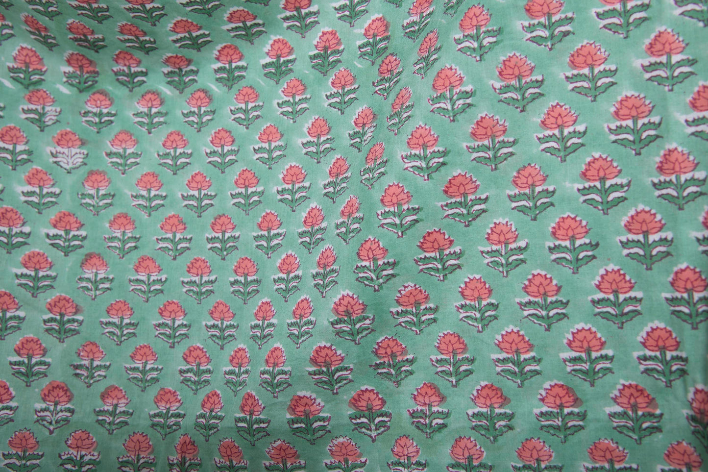 1 yard-Mint green with pink ditsy floral hand block printed cotton fabric-dress fabric/quilting/diy home decor/hair accessories fabric