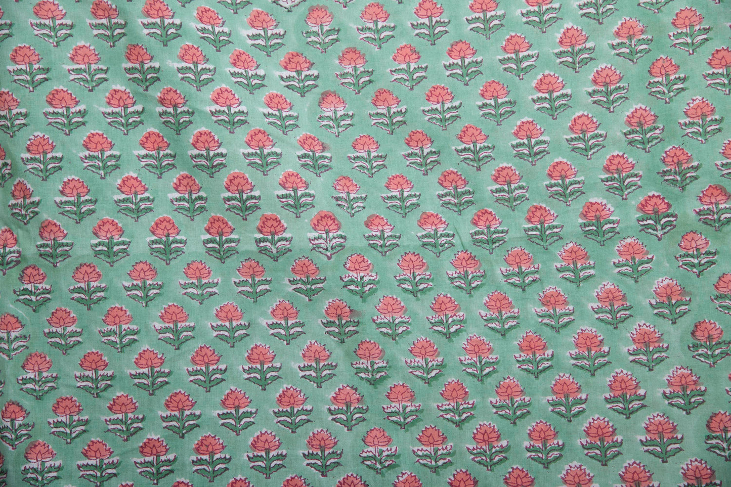 1 yard-Mint green with pink ditsy floral hand block printed cotton fabric-dress fabric/quilting/diy home decor/hair accessories fabric