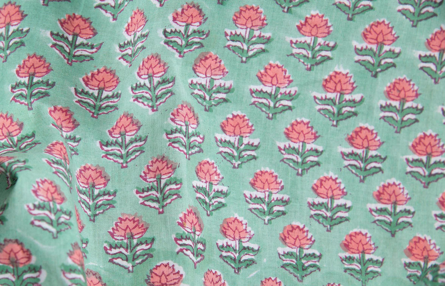 1 yard-Mint green with pink ditsy floral hand block printed cotton fabric-dress fabric/quilting/diy home decor/hair accessories fabric