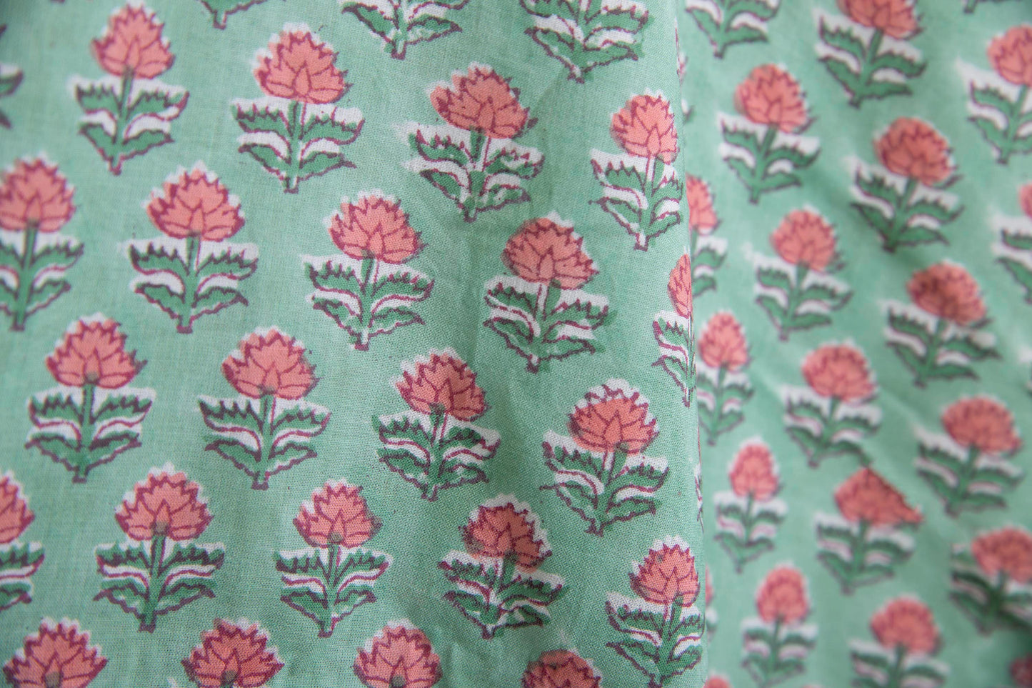 1 yard-Mint green with pink ditsy floral hand block printed cotton fabric-dress fabric/quilting/diy home decor/hair accessories fabric