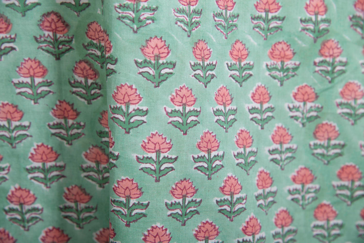 1 yard-Mint green with pink ditsy floral hand block printed cotton fabric-dress fabric/quilting/diy home decor/hair accessories fabric