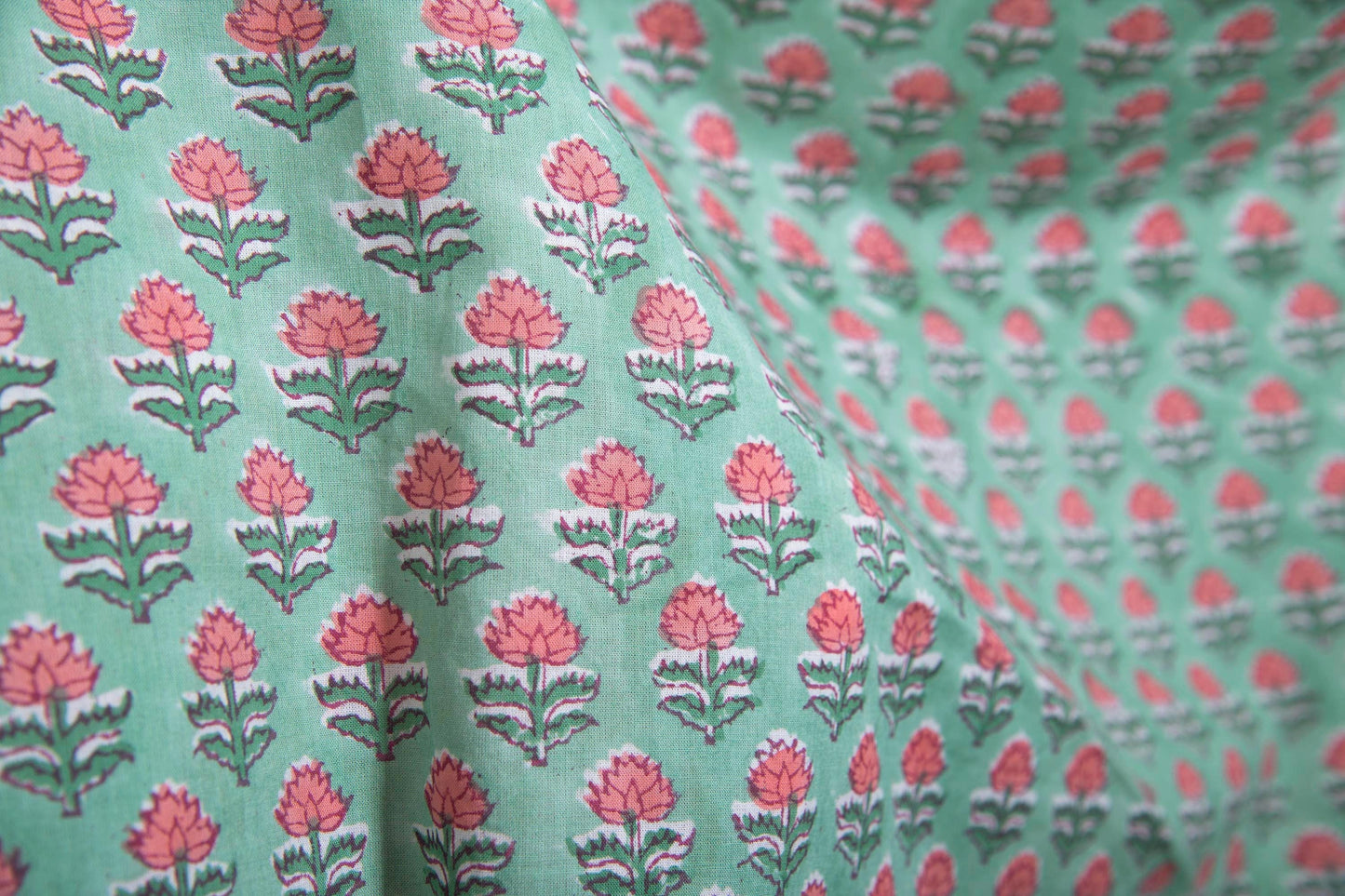 1 yard-Mint green with pink ditsy floral hand block printed cotton fabric-dress fabric/quilting/diy home decor/hair accessories fabric